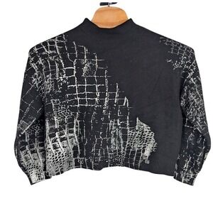 Adrienne Landau Crocodile Foil Print Funnel Neck Sweater Black and White Med NWT